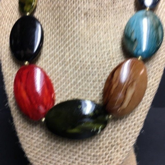 Multicolor Necklace Chunky  As Is Oval Retro Marbled Faceted Boho - Picture 2 of 8
